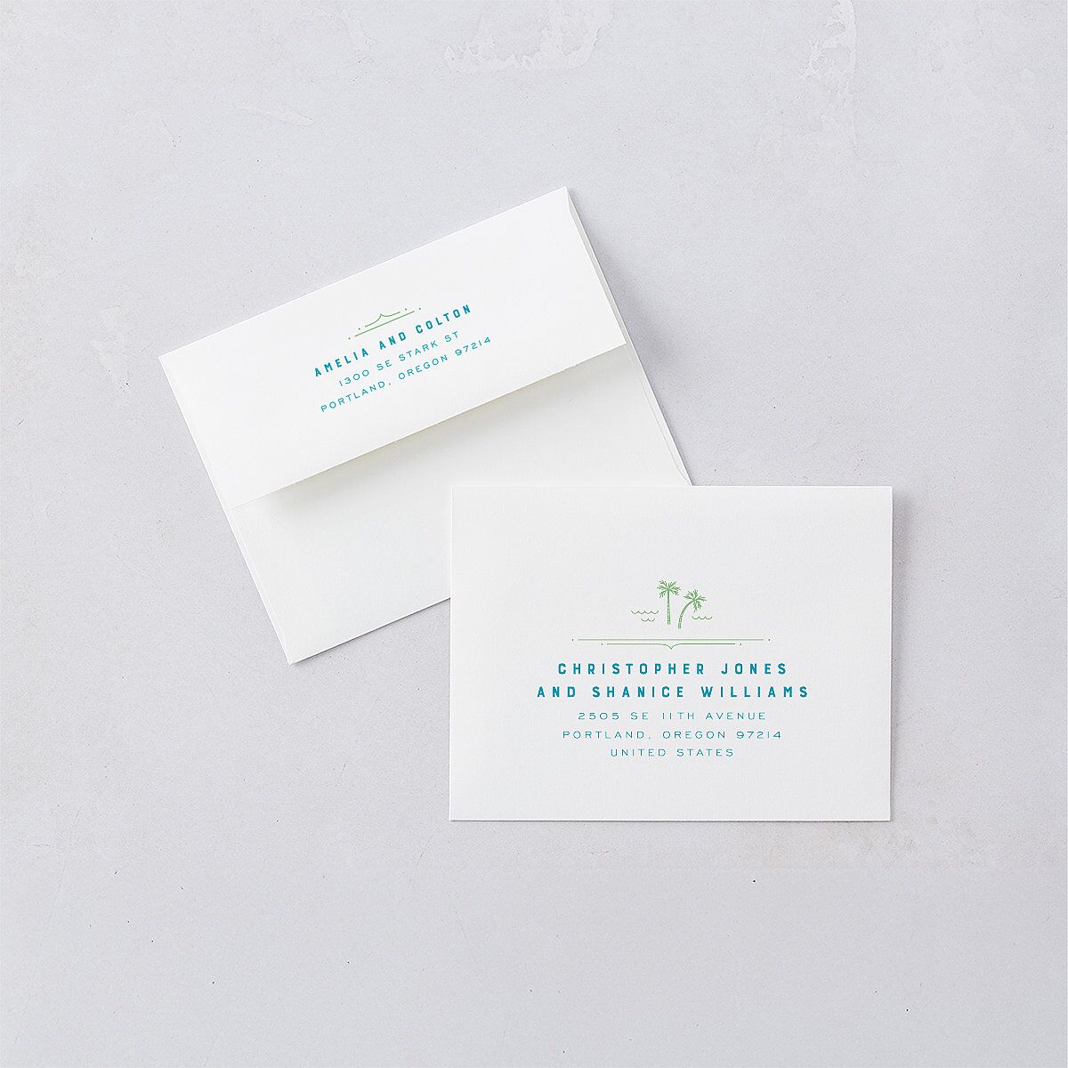 Iconic Beach Thank You Card Envelopes White Green Apple Both Recipient and Return Addresses Signature Standard
