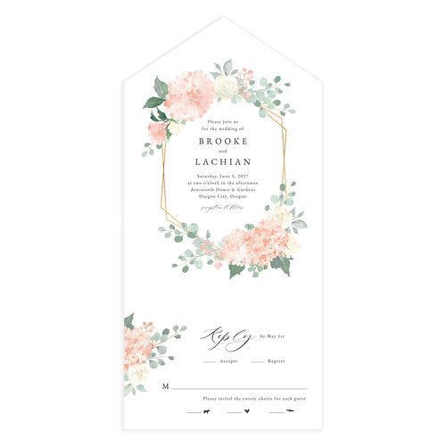Elegant Hydrangea All-in-One Wedding Invitations Shell Pink Signature Light Both Recipient and Return Addresses No