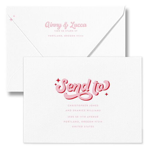 Disco Love Wedding Invitation Euro Envelopes White Candy Pink Both Recipient and Return Addresses Luxe Signature