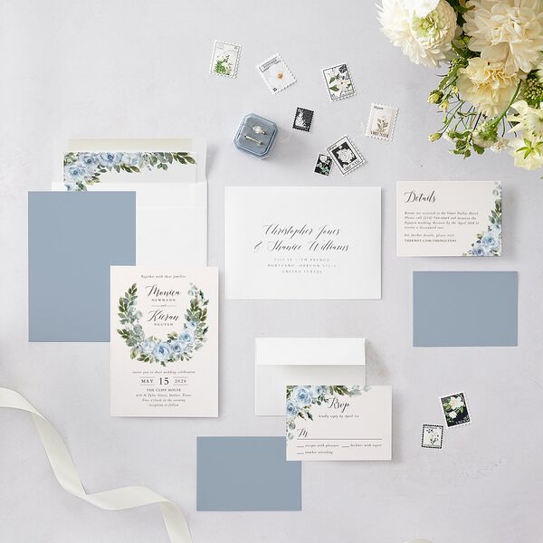 Romantic Laurel Wedding Invitations Dusty Blue Signature Blank No Standard
