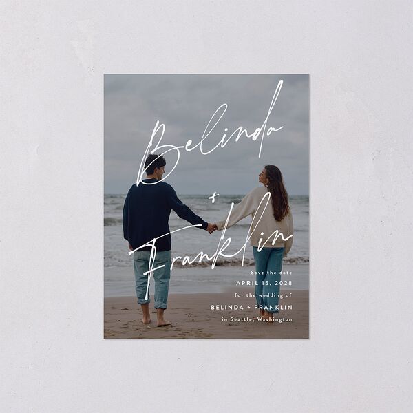 Modern Script Names Save the Date Petite Cards Shadow Gray Signature smooth Blank No Standard