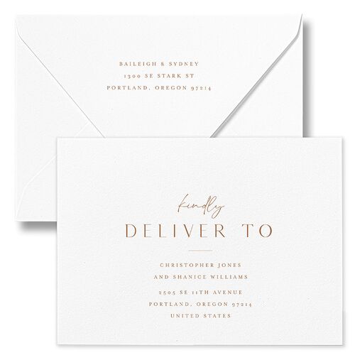 Side Panel Save The Date Card Euro Envelopes White Copper Return Address Luxe Signature