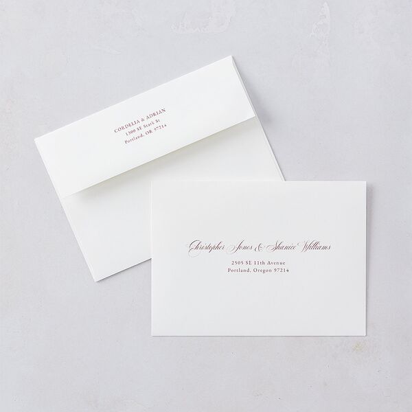 Ornate Lace Wedding Invitation Envelopes White Maroon Both Recipient and Return Addresses Standard Signature