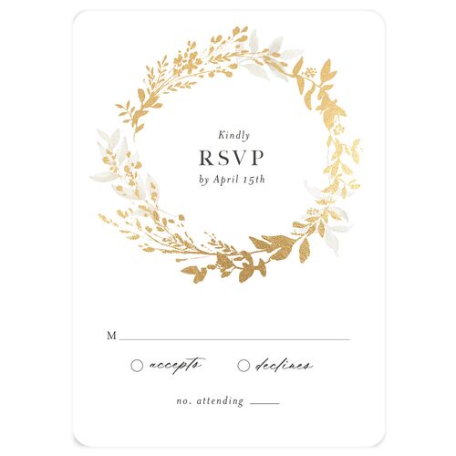 Shining Wreath Foil Wedding Response Cards Pure White Gold Signature Rounded