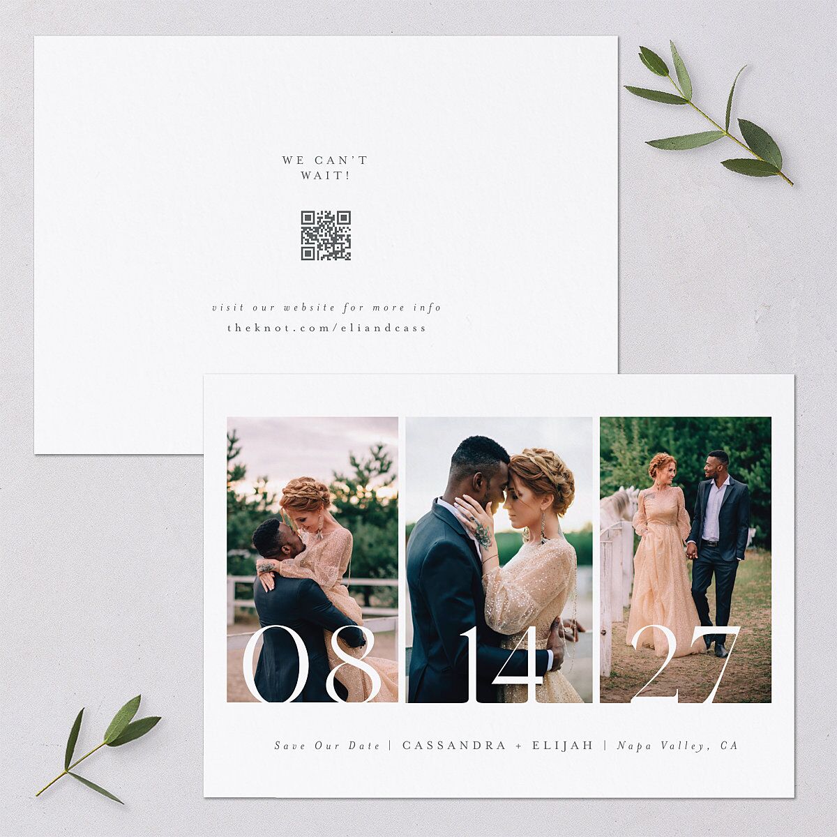 Triptych Photo Save the Date Cards Pure White Signature smooth Blank No Standard