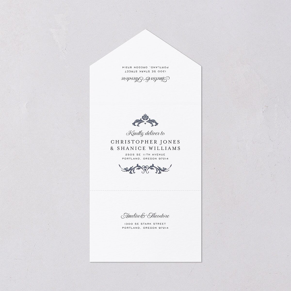 Romantic Vintage Luxury All-in-One Wedding Invitations Moody Blue Signature Light Both Recipient and Return Addresses No