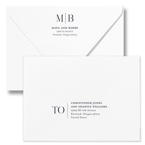 Monogram Portrait Wedding Invitation Euro Envelopes White Dark Navy Both Recipient and Return Addresses Luxe Signature