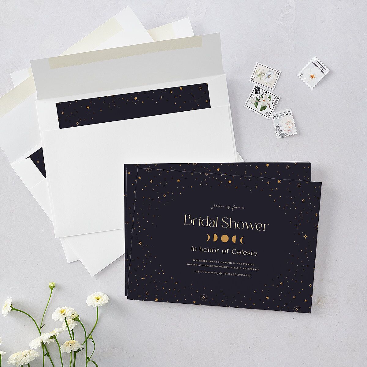 Celestial Galaxy Bridal Shower Invitations Dark Navy Signature Blank Standard