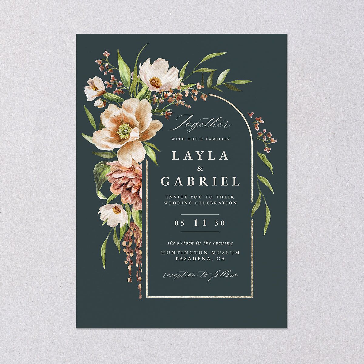 Floral Arch Foil Wedding Invitations Gold Moss Signature Blank No Standard