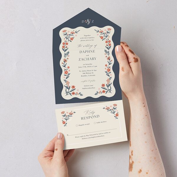Flora Garden Border All-in-One Wedding Invitations Moody Blue Signature Light Both Recipient and Return Addresses No