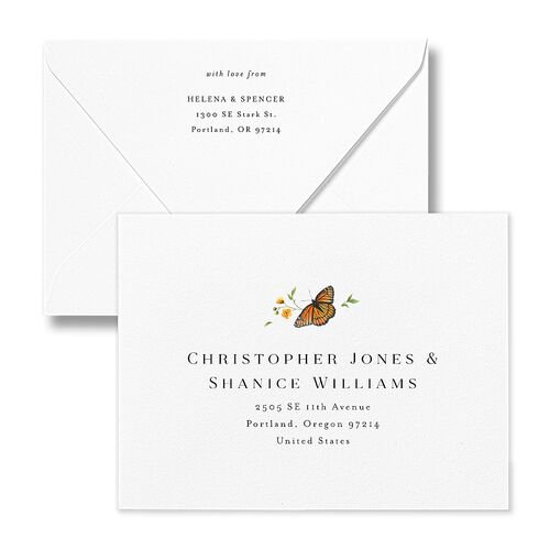 Rustic Butterfly Garden Save the Date Petite Card Euro Envelopes White Pure White Both Recipient and Return Addresses Luxe Signature