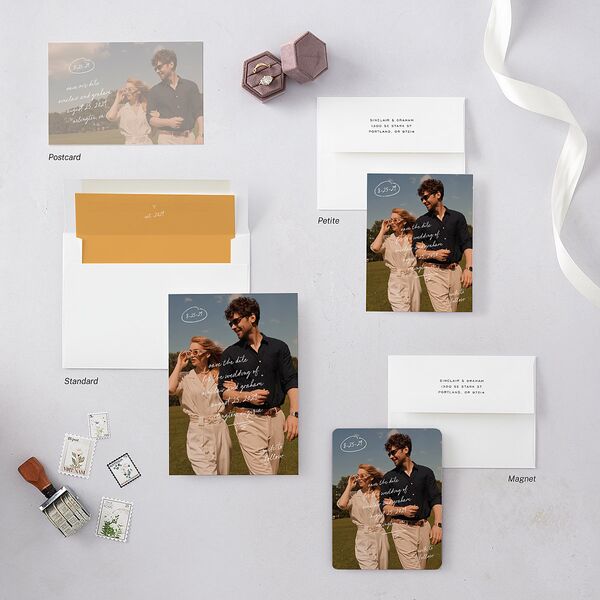 Sunny Day Modern Script Save the Date Petite Cards Pure White Signature smooth Blank Standard No
