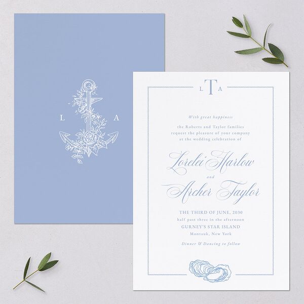Coastal Oysters and Anchors Wedding Invitations Sea Blue Signature Blank No Standard