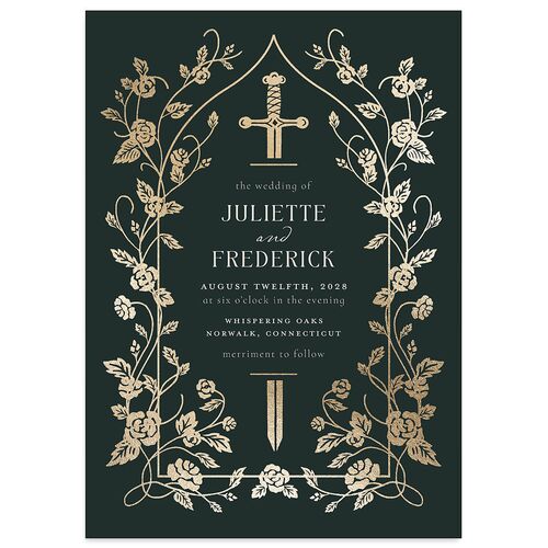 Sword and Roses Fantasy Garden Foil Wedding Invitations Wave Gold Signature Blank Standard No