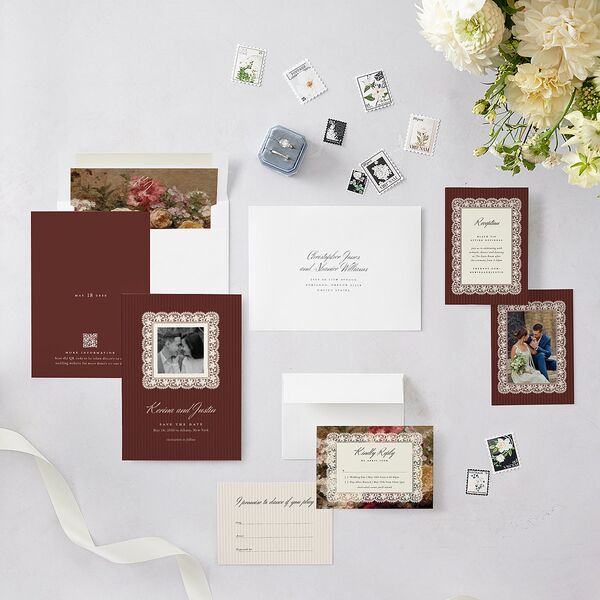 Vintage Lace Save the Date Cards Burgundy Signature smooth Blank No Standard