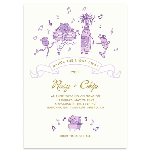 Whimsical Retro Cartoon Wedding Invitations Purple Petal Signature Blank No Standard