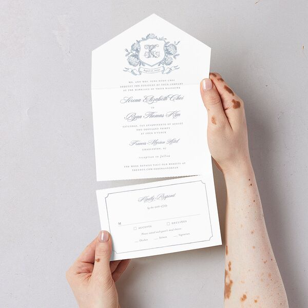 Vintage Hydrangea Garden Crest All-in-One Wedding Invitations Slate Signature Light Both Recipient and Return Addresses No