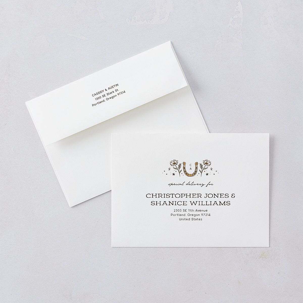 Southwestern Nouveau Rehearsal Dinner Invitation Envelopes Red Clay White Both Recipient and Return Addresses Signature Standard