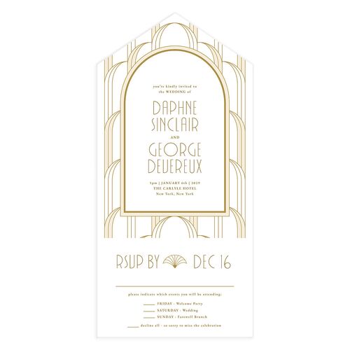 Gatsby Deco Arch All-in-One Wedding Invitations Pure White Signature Light Both Recipient and Return Addresses