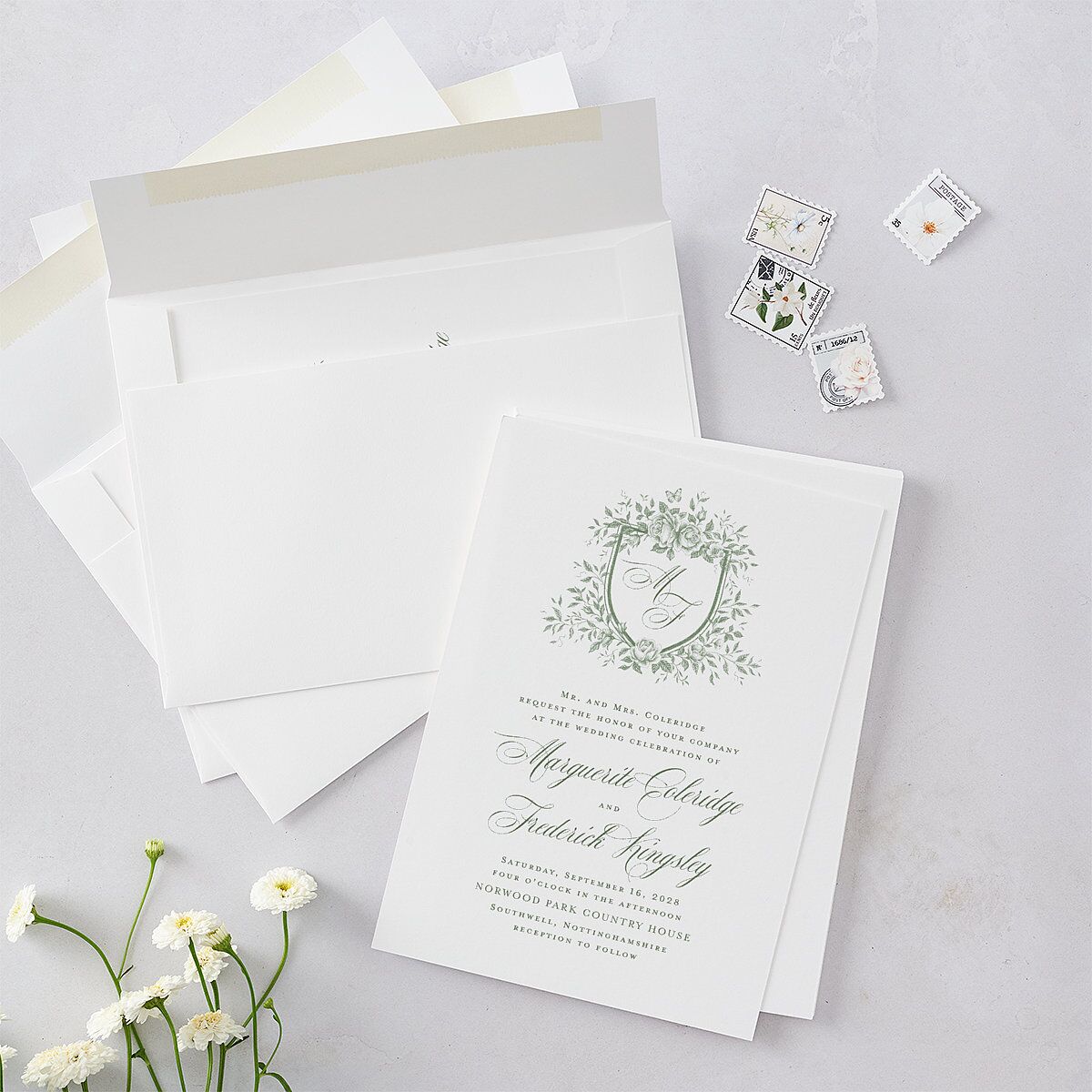 Elegant Rose Crest Wedding Invitations Deep Olive Signature Blank No Standard