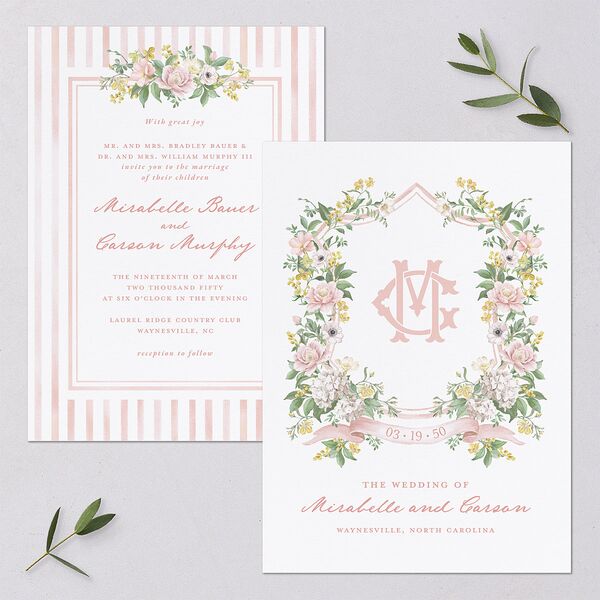 Maximalist Floral Crest Wedding Invitations Pink Cotton Signature Blank No Standard