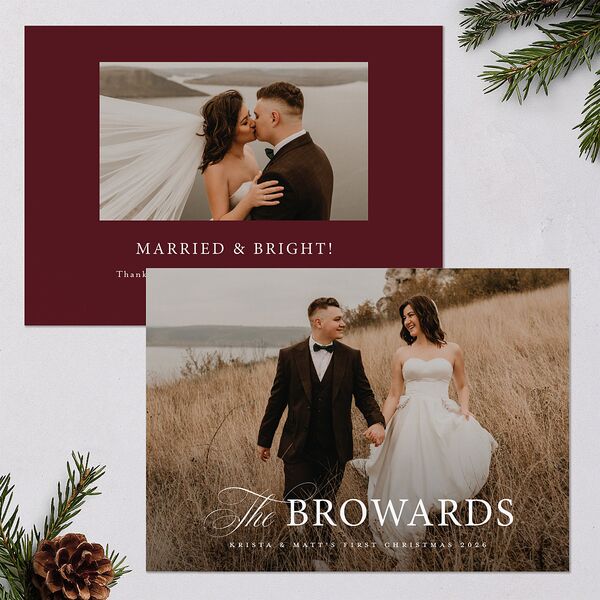 Meet the Newlyweds Holiday Cards Burgundy Signature Blank Standard