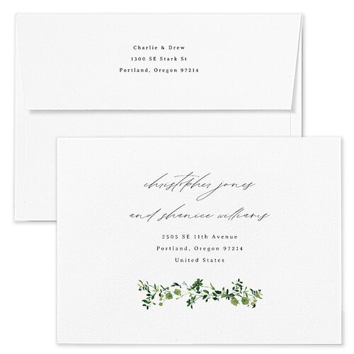 Simple Vine Rehearsal Dinner Invitation Envelopes White Deep Olive Both Recipient and Return Addresses Signature Standard