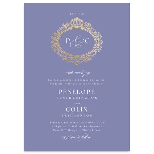 Glamorous Crown Monogram Crest Wedding Invitations by Bridgerton Gold Cornflower Signature Blank No Standard