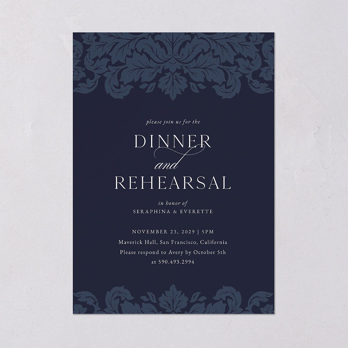Elegant Damask Rehearsal Dinner Invitations Navy Signature Blank Standard