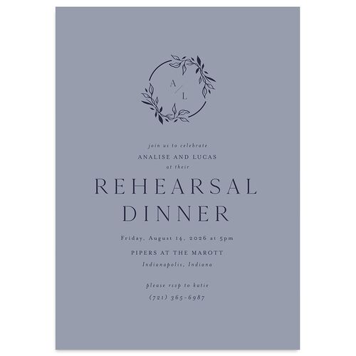 Monogram Leaves Rehearsal Dinner Invitations Dusty Blue Signature Blank Standard