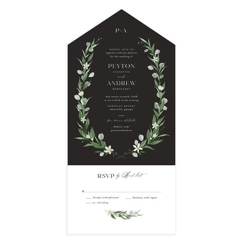 Greenery Laurel All-in-One Wedding Invitations Charcoal Signature Light Both Recipient and Return Addresses No