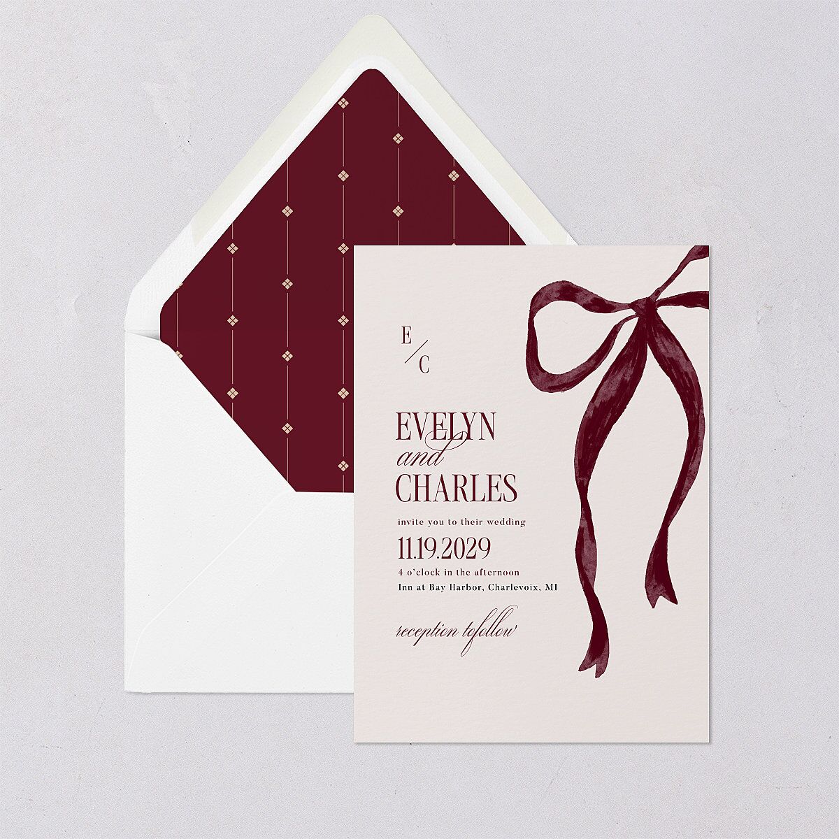 Whimsical Hand Drawn Bow Euro Envelope Liners Burgundy Luxe