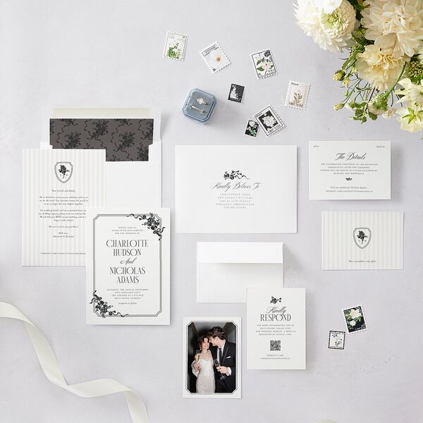 Old Money Botanical Wedding Invitations Pure White Signature Blank No Standard