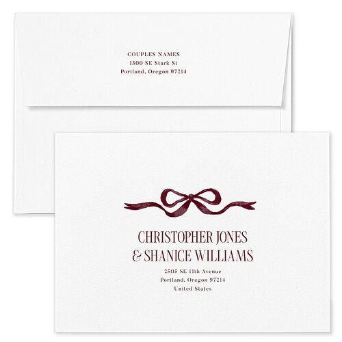 Whimsical Hand Drawn Bow Wedding Invitation Envelopes White Burgundy Both Recipient and Return Addresses Standard Signature