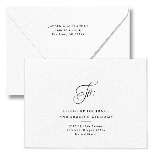 We're Engaged Calligraphy Engagement Party Invitation Euro Envelopes White Champagne Both Recipient and Return Addresses Luxe Signature