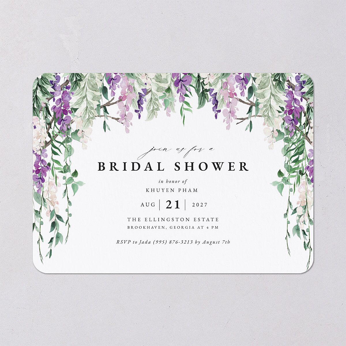 Romantic Wisteria Bridal Shower Invitations Purple Petal Signature Blank Rounded