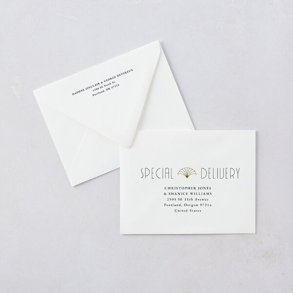 Gatsby Deco Arch Save the Date Petite Card Euro Envelopes White Dark Emerald Both Recipient and Return Addresses Luxe Signature
