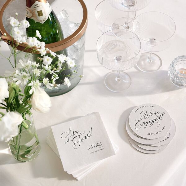 Elegant Engagement Party Calligraphy Wedding Day Coasters Champagne Cardboard Circle