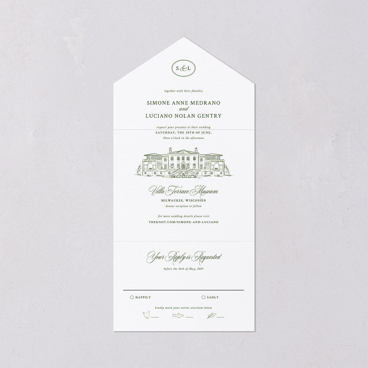 Your Own Classic Italian Venue All-in-One Wedding Invitations Dark Camo Signature Light Both Recipient and Return Addresses No