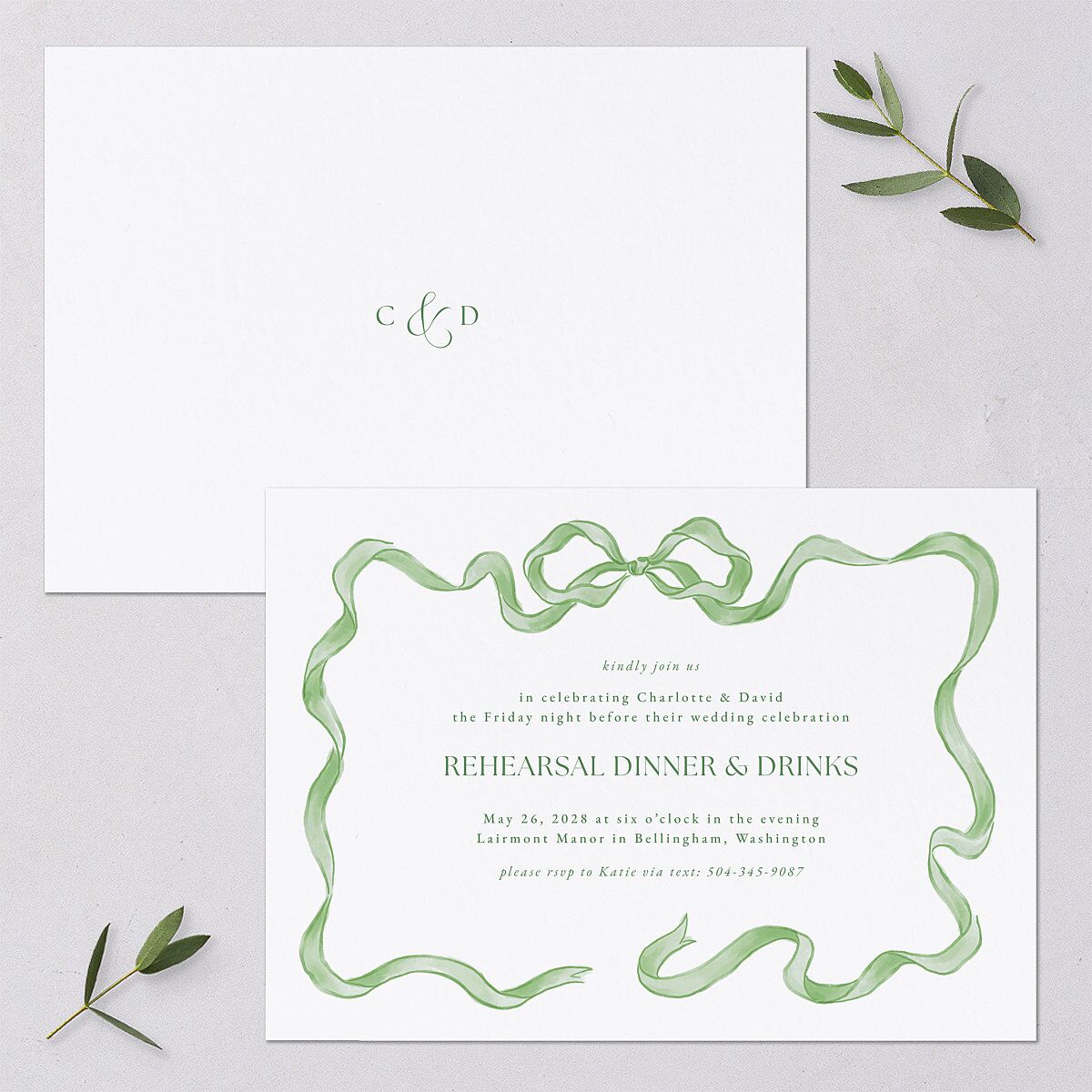 Vintage Bow Rehearsal Dinner Invitations Jewel Green Signature Blank Standard