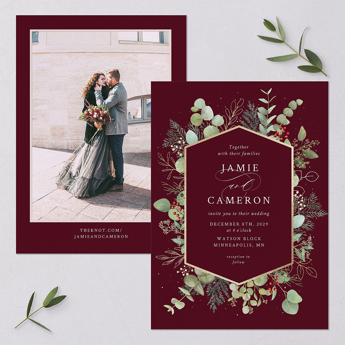 Elegant Eucalyptus Christmas Foil Wedding Invitations Gold Burgundy Signature Blank No Standard