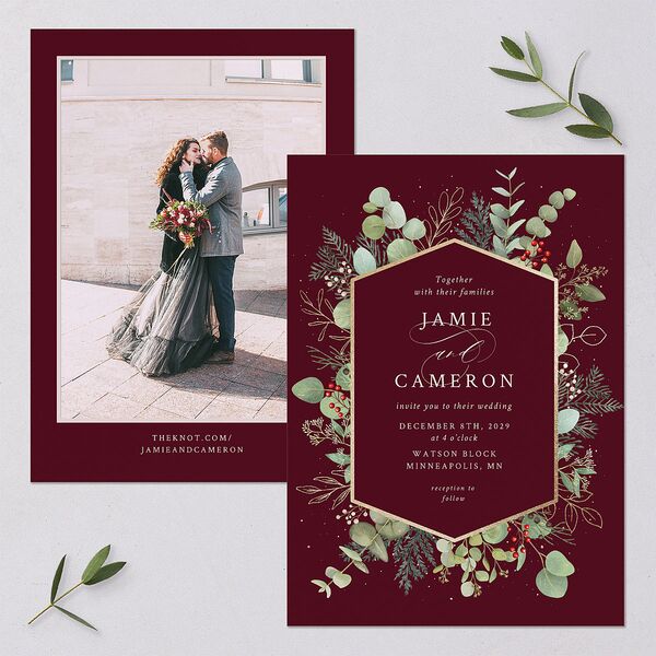 Elegant Eucalyptus Christmas Foil Wedding Invitations Gold Burgundy Signature Blank No Standard