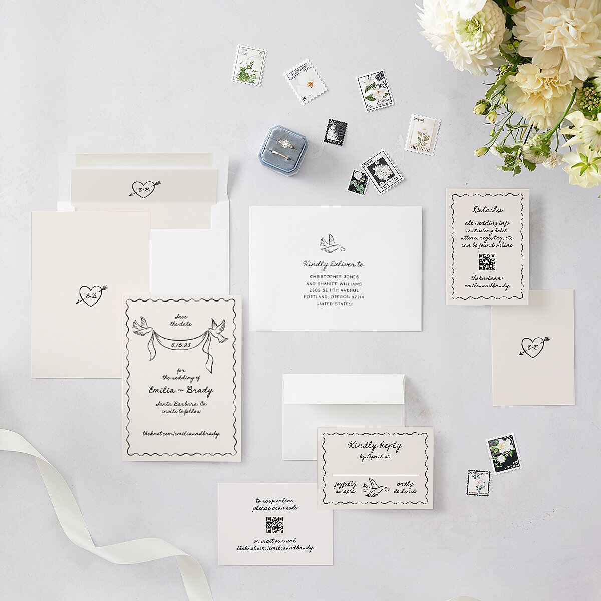 Vintage Lovebird Banner Save the Date Cards Linen Signature smooth Blank No Standard