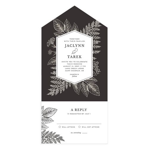 Botanical Frame All-in-One Wedding Invitations Charcoal Signature Light Both Recipient and Return Addresses No