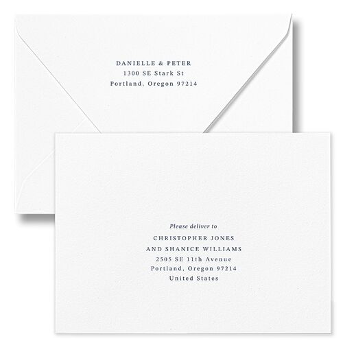 Photo Vow Save The Date Card Euro Envelopes White Midnight Navy Both Recipient and Return Addresses Luxe Signature