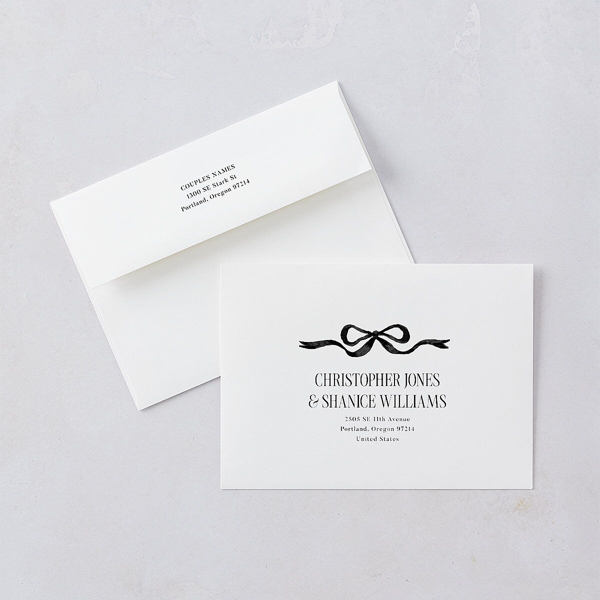 Whimsical Hand Drawn Bow Save The Date Card Envelopes White Linen Both Recipient and Return Addresses Signature Standard