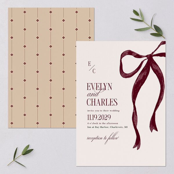 Whimsical Hand Drawn Bow Wedding Invitations Burgundy Signature Blank No Standard