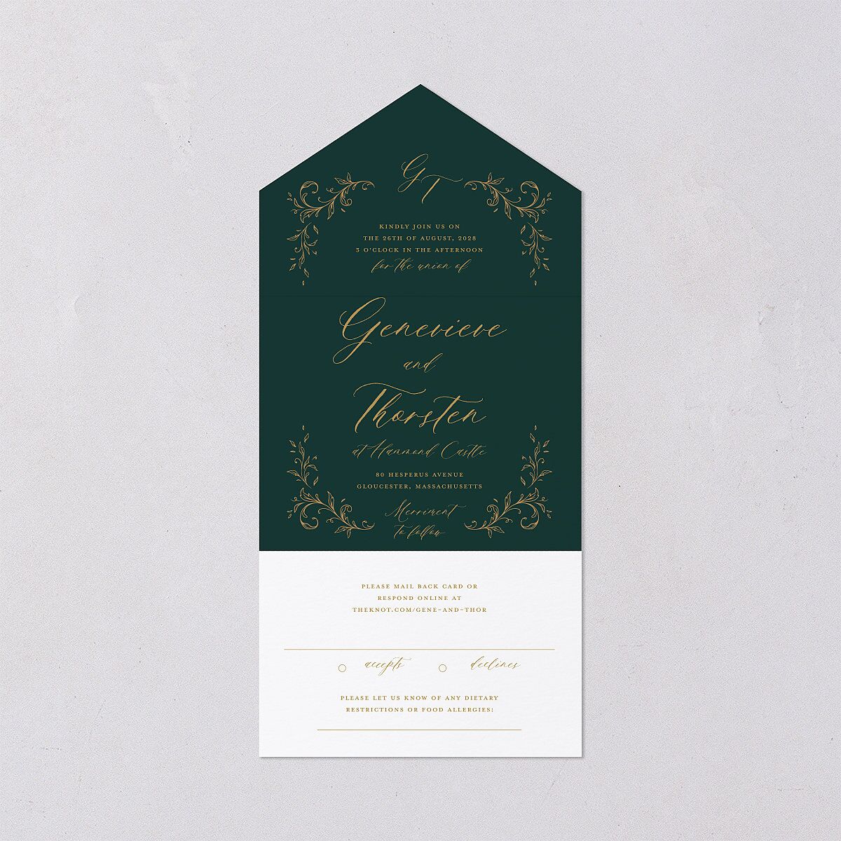 Dark Vintage Fantasy All-in-One Wedding Invitations Dark Emerald Signature Light Both Recipient and Return Addresses No