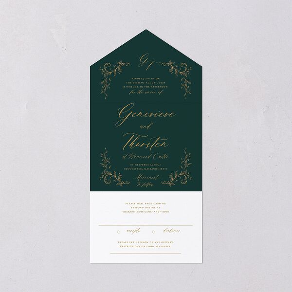 Dark Vintage Fantasy All-in-One Wedding Invitations Dark Emerald Signature Light Both Recipient and Return Addresses No