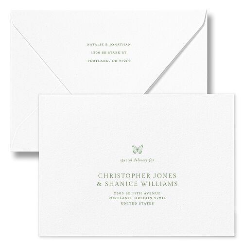 Antique Garden Lace Floral Wedding Invitation Euro Envelopes Moss White Both Recipient and Return Addresses Luxe Signature